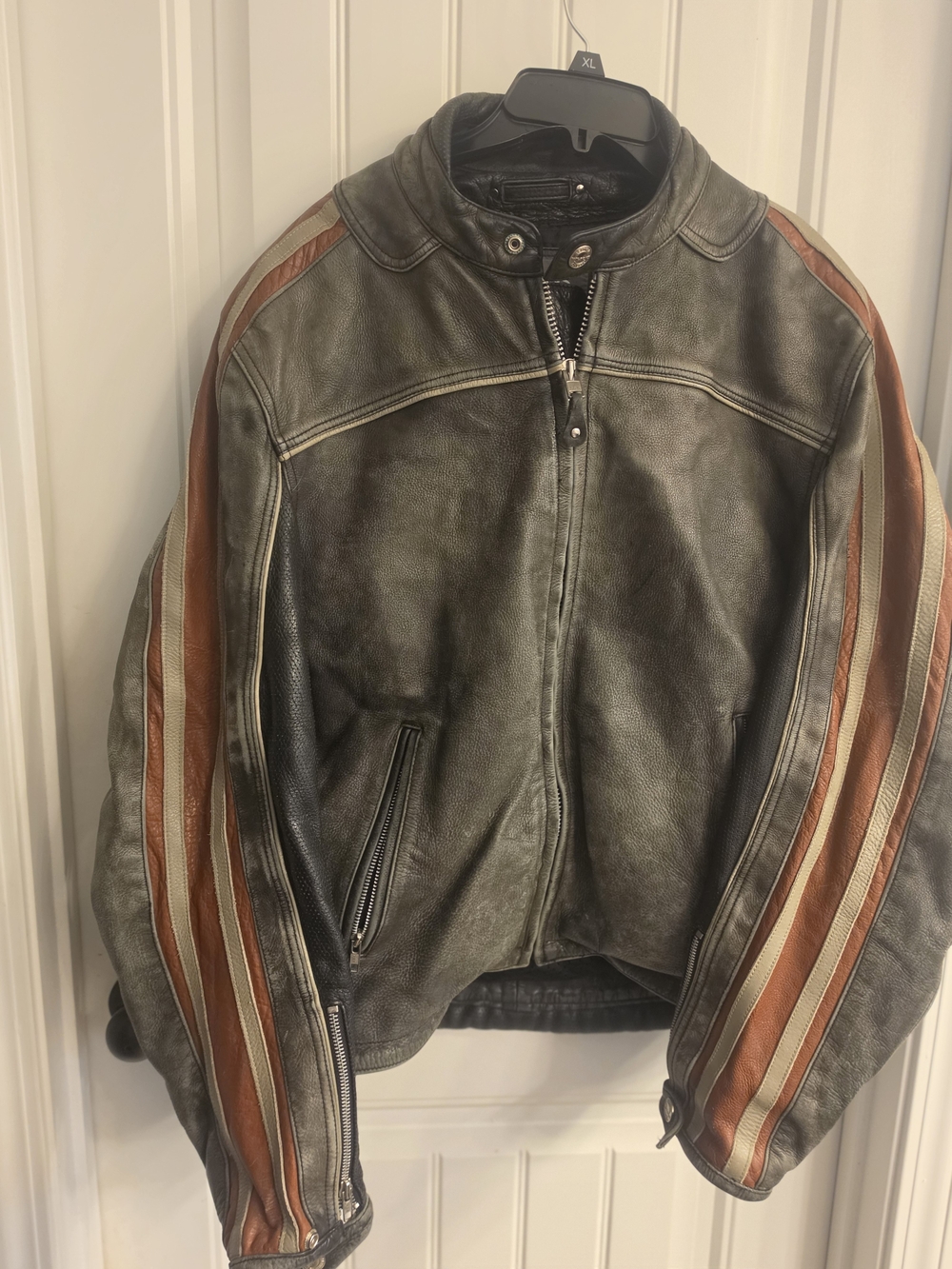Men's Vintage Black Leather Jacket with Brown Stripe Accents